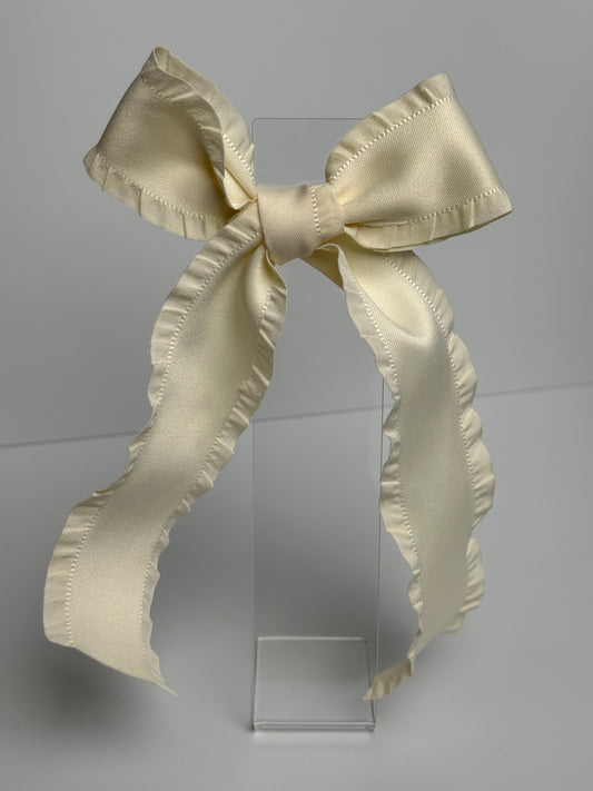 Cream Satin Ruffle Bow Hair Clip
