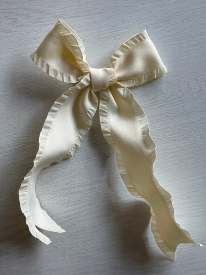 Cream Satin Ruffle Bow Hair Clip